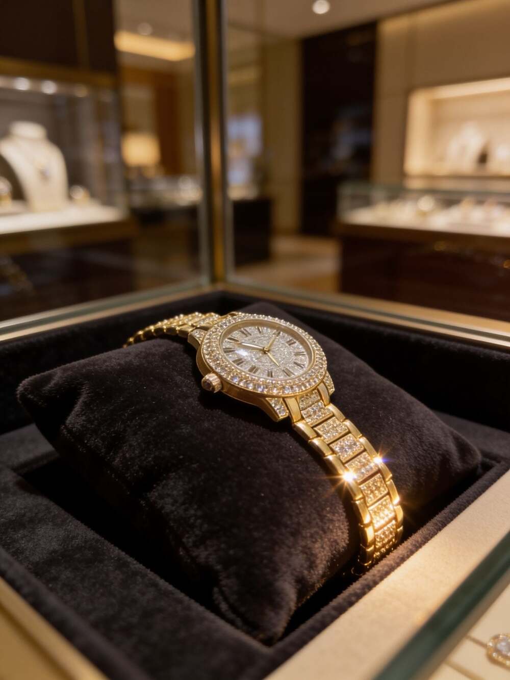 Gold Tone Rhinestone Iced Out Bling Quartz Wristwatch with Link Bracelet